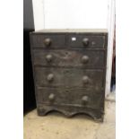 19th Century pine canvas covered miniature chest of two short, over three long graduated drawers,