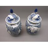 Pair of 19th Century Chinese blue and white ginger jars with covers and finials, decorated with
