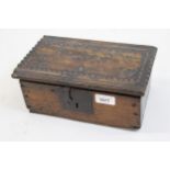 Small antique chip carved pine Bible box with iron strap work hinges and lock plate, 10.5ins x