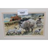 David Birtwhistle, small watercolour, ' Hop and Skip ', depicting sheep and lambs, signed, 3.5ins