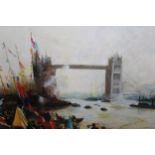 20th Century oil on canvas, Thames scene at Tower Bridge with festivities to the foreground,