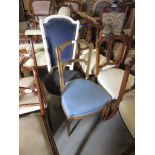 19th Century Continental gilt side chair with a blue overstuffed seat, together with a painted low