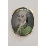 Late 18th / Early 19th Century miniature oval portrait of a dandy in red velvet jacket, mounted as a