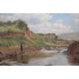 Late 19th Century oil, river landscape with fisherman, together with an unframed oil of a coastal