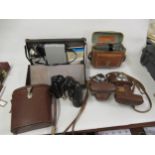 Pair of Beck Kassel, lightweight 10 x 50 binoculars, two leather cased cameras, polaroid camera