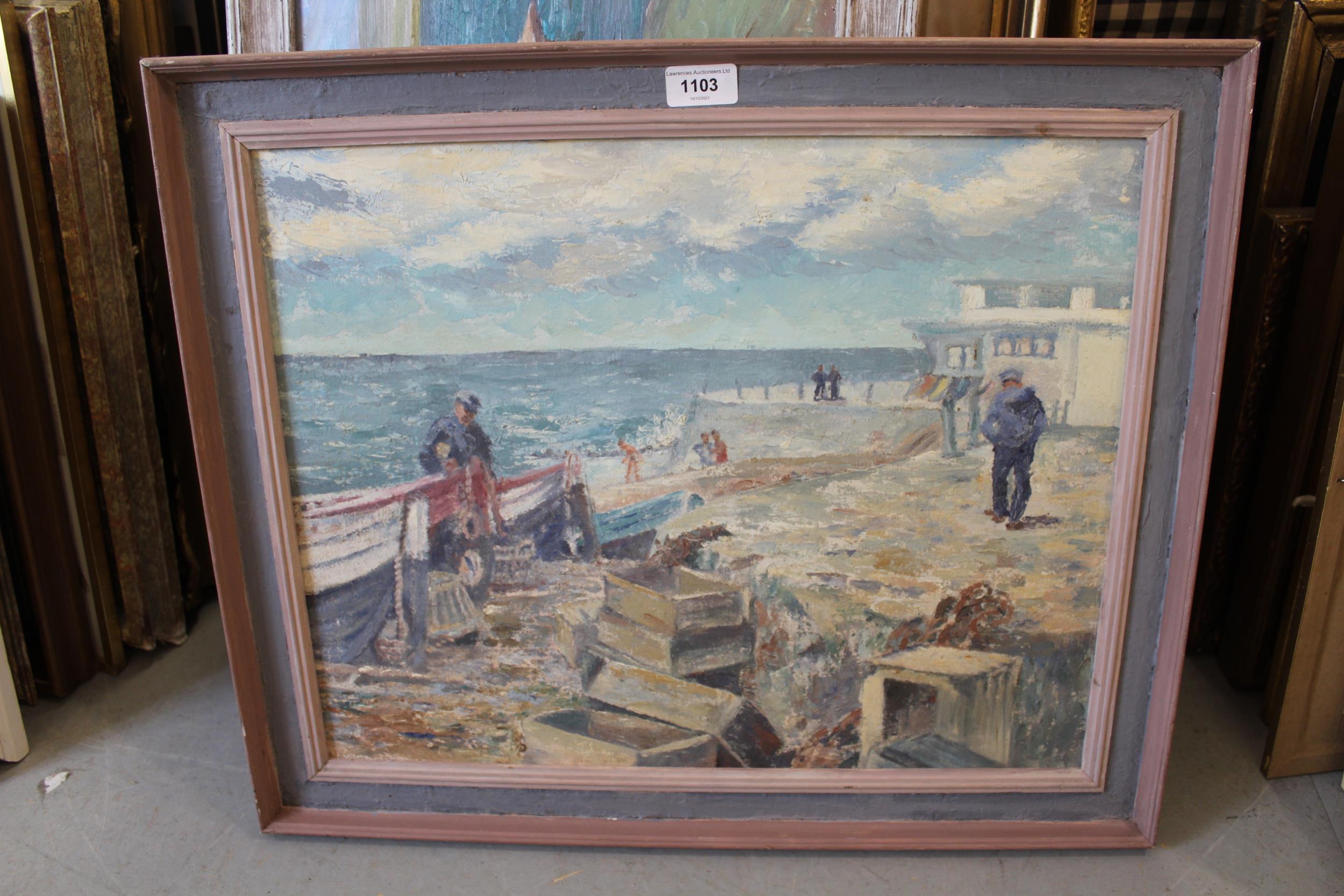 Attributed to Denys Law, oil on canvas board, coastal landscape with fishermen, boats and bathers, - Image 2 of 2