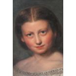 19th Century oil on millboard, portrait of a young lady in a white lace tunic, in the manner of