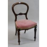 Set of six Victorian rosewood balloon back dining chairs with upholstered seats, raised on turned
