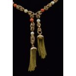 Middle Eastern yellow metal coral and pearl necklace with tassel drops, 25.5ins long
