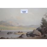 F. Boisseree, 19th Century watercolour, Highland loch scene with figures fishing, signed, gilt