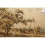 19th Century watercolour, a harvesting scene with figures, signed with monogram and dated 1874, 7.