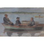 Two Russian oil paintings, figures in an open boat and study of a coastal inlet with bathers, both