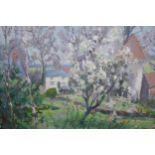 Leslie J. Brockhurst (New English Art Club) signed oil on board, view of cottages through blossoming
