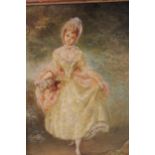Oil on millboard, portrait of a young lady carrying a basket of flowers, signed Chiappa ?, 9ins x
