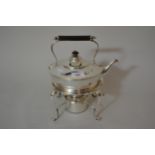 Silver plated on copper spirit kettle, on stand with burner