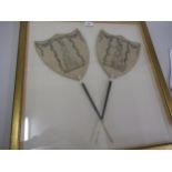 Framed pair of late 18th Century silk hand screens with ivory mounted turned wooden handles