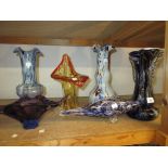 Four Murano type art glass vases together with a similar figure of a fish and a bowl