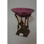 1920's Bronze and gilt patinated metal stand mounted with a figure of a lady supporting a glass dish