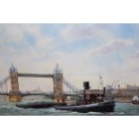 Robert Scott, oil on canvas, Thames barges before Tower Bridge, signed, 17.5ins x 23.5ins, gilt