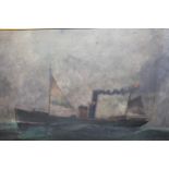 Early 20th Century oil on board, of a steam sail boat, numbered on the stern A900, signed A.