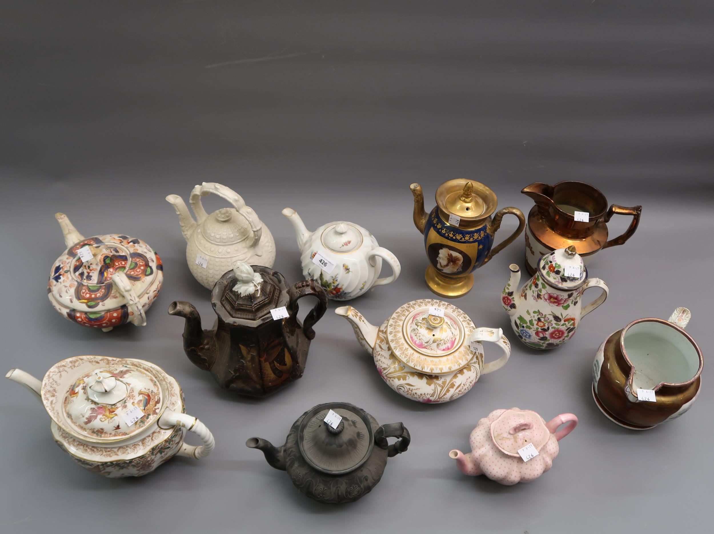 Collection of eight 19th Century English and Continental teapots including German handpainted and