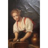 Dutch School oil on canvas, portrait of a peasant lady at a wash tub, 10.5ins x 8ins