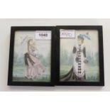 Set of four miniature watercolour full length portraits of ladies in different dress, 4.5ins x 3.