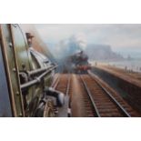 Don Breckon, 20th Century oil on canvas, steam locomotive, ' Tintagel Castle ' on the sea wall