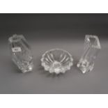 Kosta Boda cut glass vase of faceted form, 9ins high together with another of square twisted form,