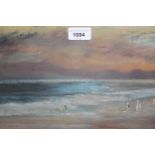 J. Appleyard signed gouache painting, coastal landscape at sunset with bathers, 8.5ins x 13ins