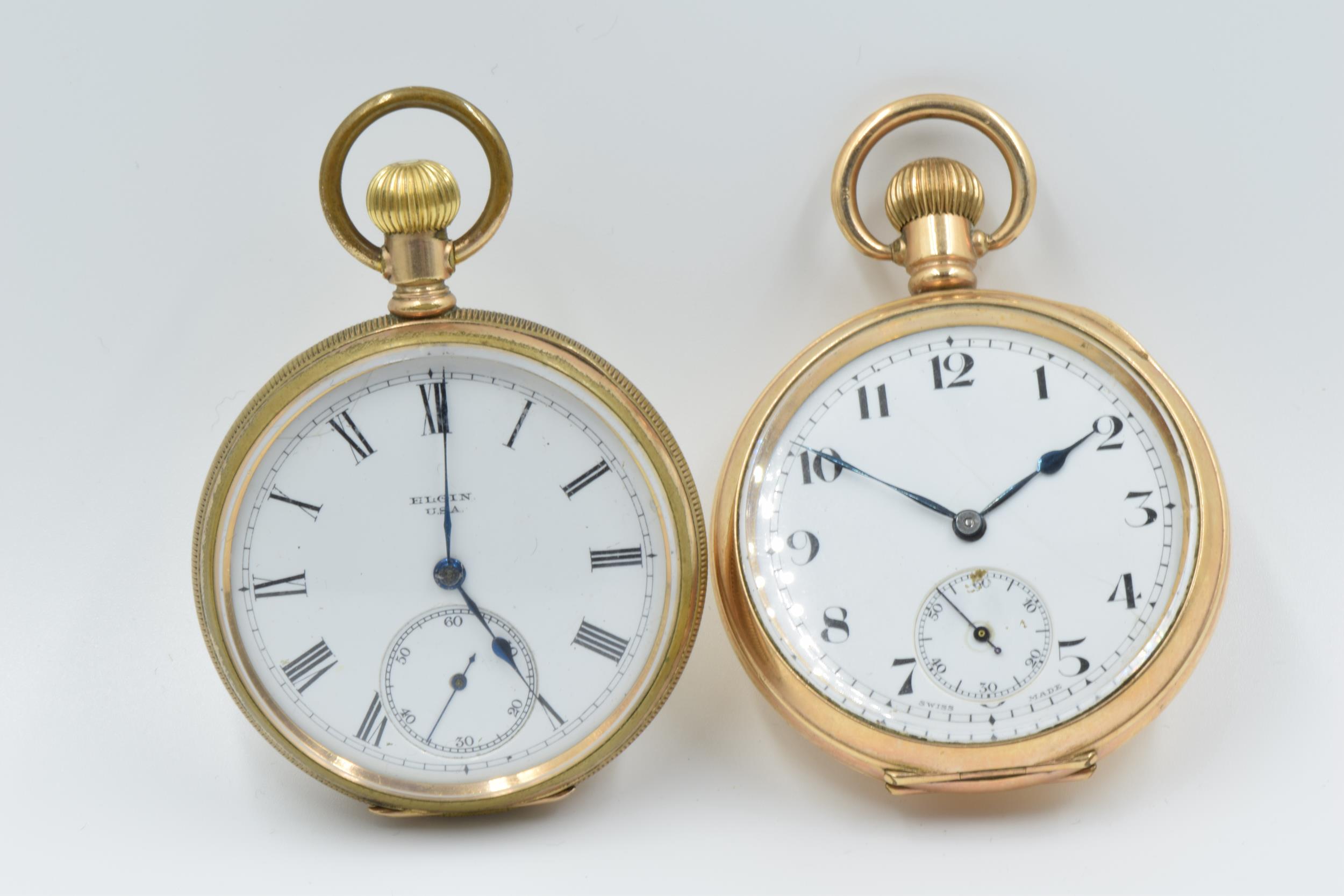 Gold plated open face pocket watch by Elgin, USA, the enamel dial with Roman numerals and subsidiary