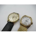 9ct Gold cushion cased Omega wristwatch with enamel dial, Roman numerals and subsidiary seconds, the