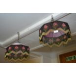 Pair of pink glass and beaded lampshades, together with a bronzed metal table lamp and a gourd