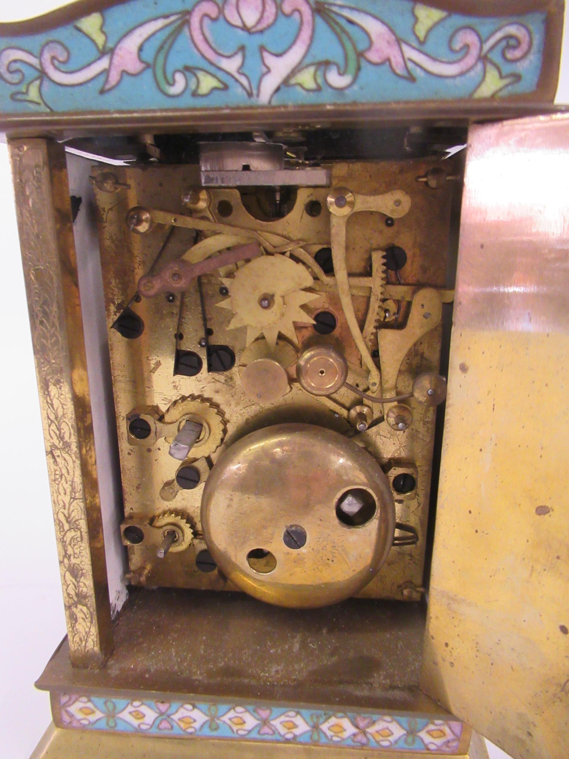 Small 19th Century rosewood cased drum clock with enamel dial and Roman numerals (at fault), - Image 4 of 4