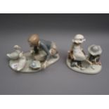 Lladro group of a girl with two ducks, 9ins wide together with another of a boy and girl trying on