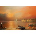 Large mid 20th Century oil painting on canvas, sailing boats in a sunset, signed Eggert, 20ins x