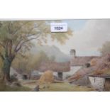 F. Boisseree, 19th Century watercolour, farmstead with girl feeding chickens and hay stack,