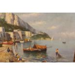 20th Century oil on canvas, Mediterranean coastal scene with figures and boats, signed indistinctly,