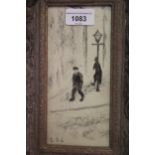 After Lowry, charcoal drawing, street scene with two figures, swept gallery frame, 7.5ins x 3.5ins