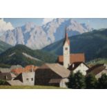 Christopher Hankey, oil on canvas, Alpine village scene with clock tower to the foreground,