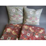 Pair of Strawberry Thief curtains, 54ins x 66ins, together with two matching cushions