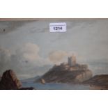 19th Century English school, watercolour, view of a castle on a coastal promonentary, unsigned, 7.
