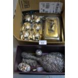 Six silver mounted dressing table items, plated egg cup stand, entrée dish and two cased sets of