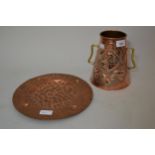 Spanish two handled embossed copper vase of tapering form, 7.5ins high together with a circular