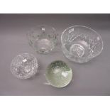 Group of three cut glass bowls, including an Orrefors hand painted bowl and a large glass paper