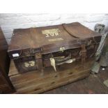 Late 19th / Early 20th Century leather suitcase with various railway and cabin labels (at fault)