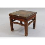 Chinese square red stained table on shaped supports, 12.5ins high x 13ins square together with a