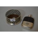 Elkington & Company, silver plated wine bottle coaster together with a silver plated and leather hip