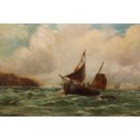 Thomas Bush Hardy, late 19th Century oil on canvas, fishing vessel in choppy waters with distant