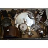 Silver plated three piece tea service on circular matching tray, two handled wine bottle cooler,